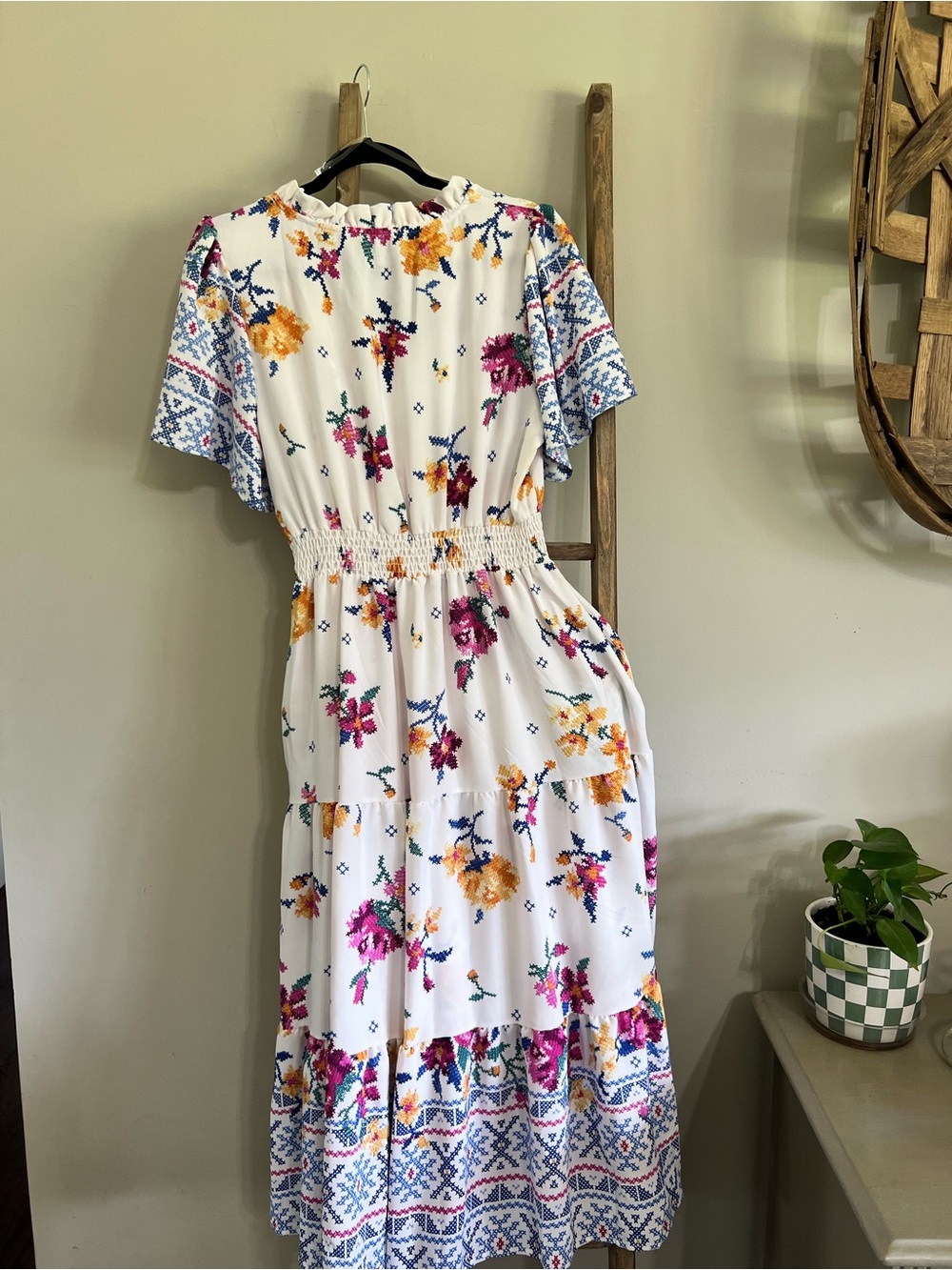White Floral Maxi Dress with Blue Accent and Smocked Waist - Picture 2 of 5